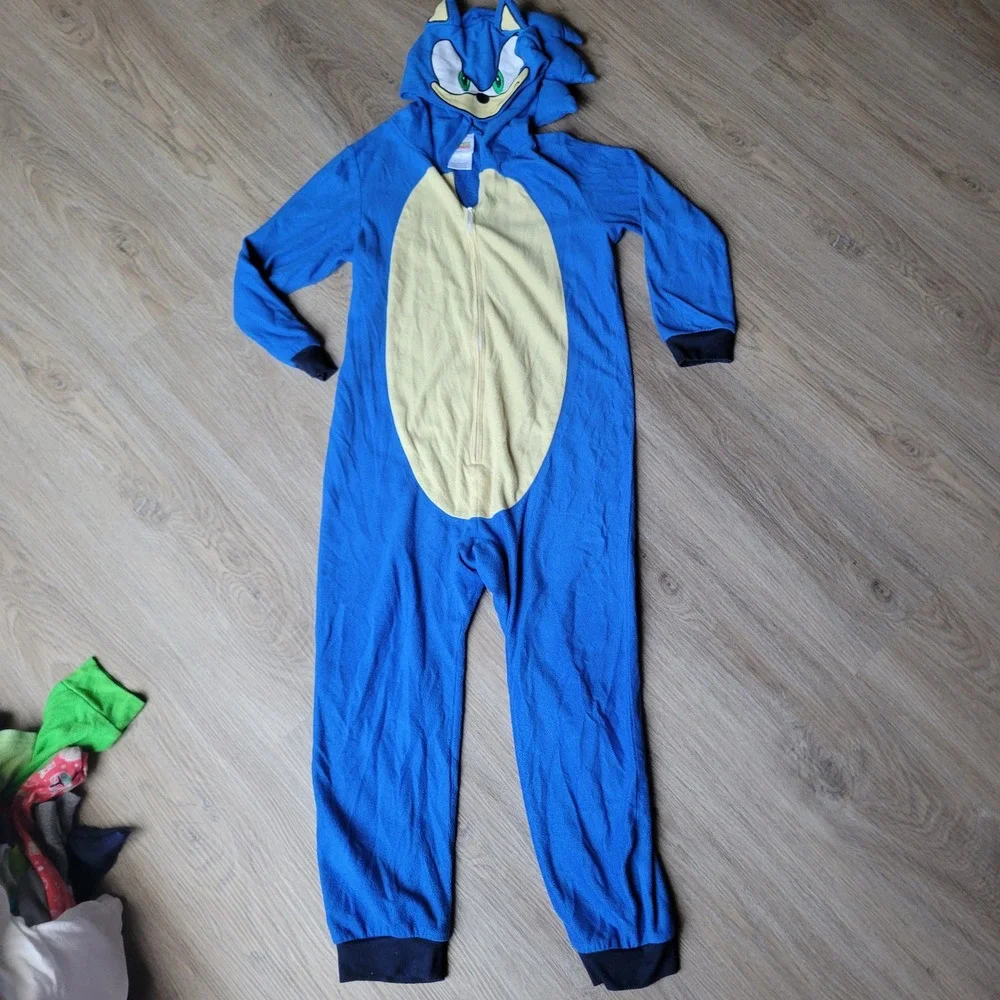 Sonic the Hedgehog Pajamas Kids Size 8 Blue Union Suit Hooded One Piece